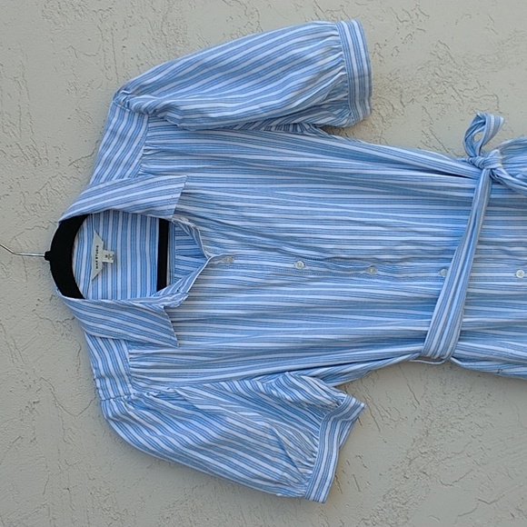 MAX STUDIO Blue White Striped Maxi Dress Button Up Belt Tie Size M - Picture 9 of 16